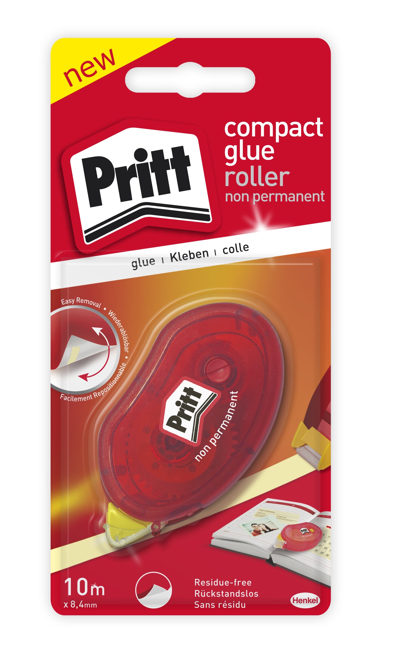Pritt Kompakter Kleberoller wiederablösbar – 8,4 mm × 10 m, 1 Stk., für Papier, Karton, Fotos