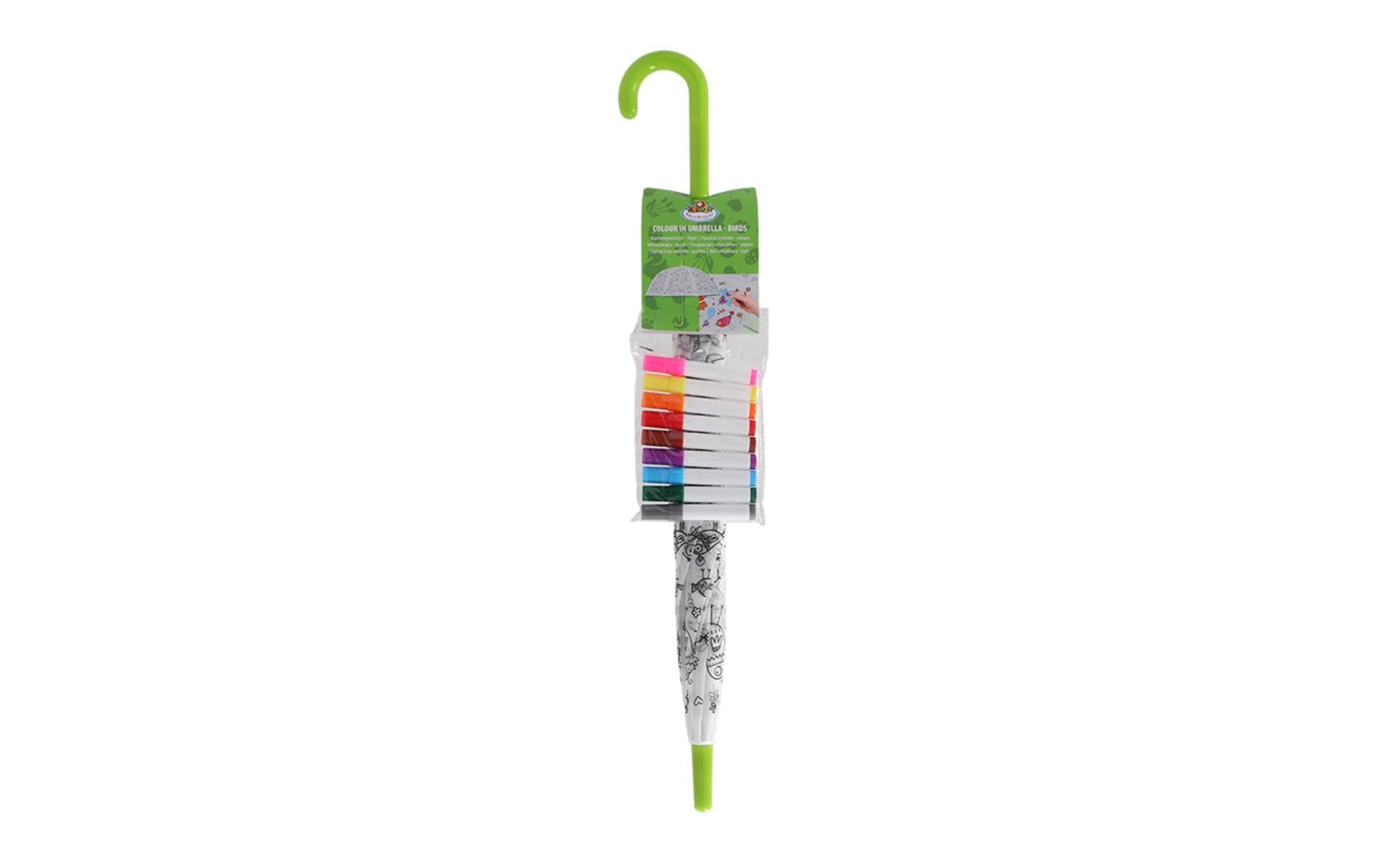 Esschert Design Kinderregenschirm – Ø 70,5 cm – Weiss Vögel – zum Ausmalen, mit Markern