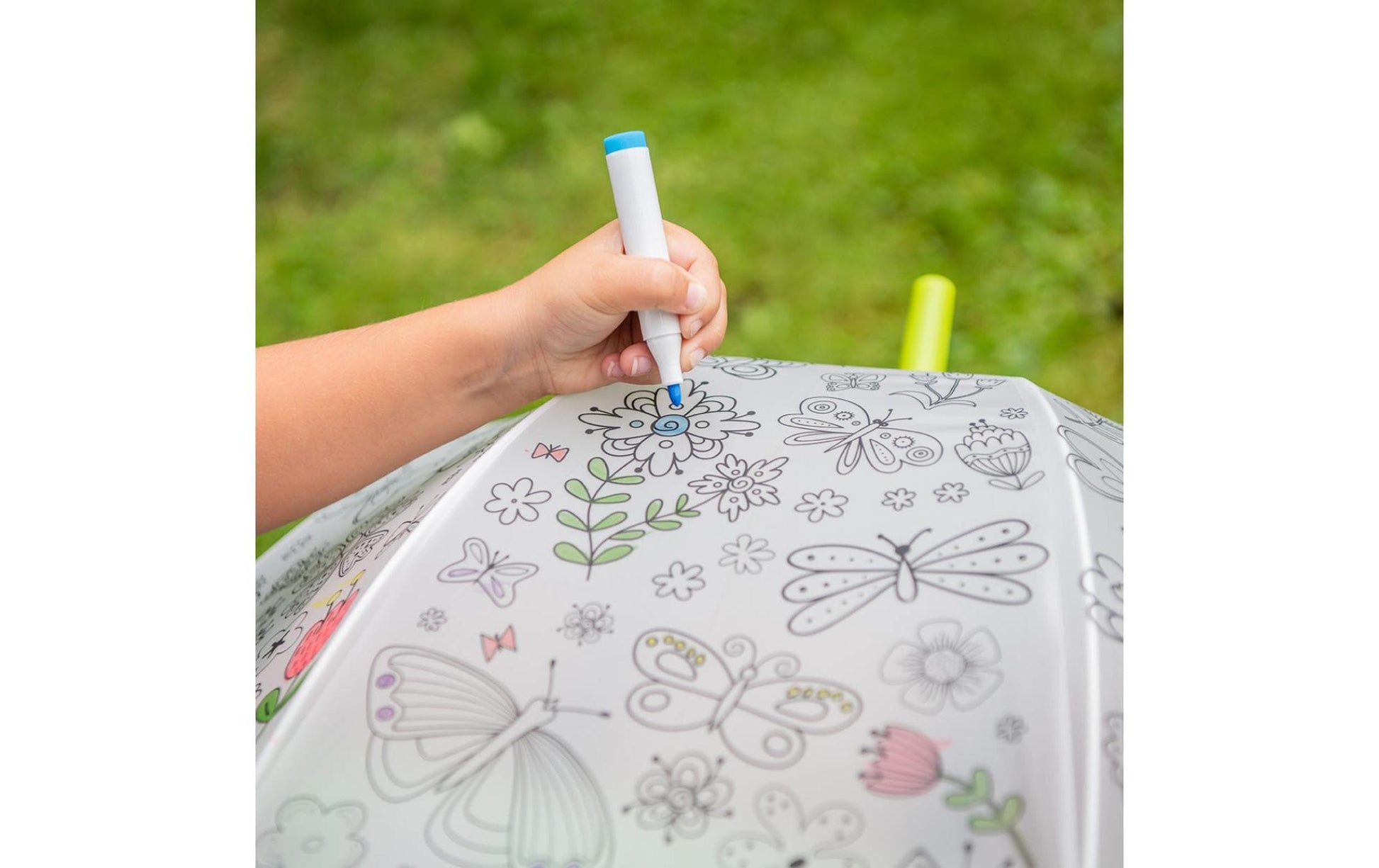 Esschert Design Kinderregenschirm – weiss/grün – Bastelset zum Ausmalen, mit Markern – EVA