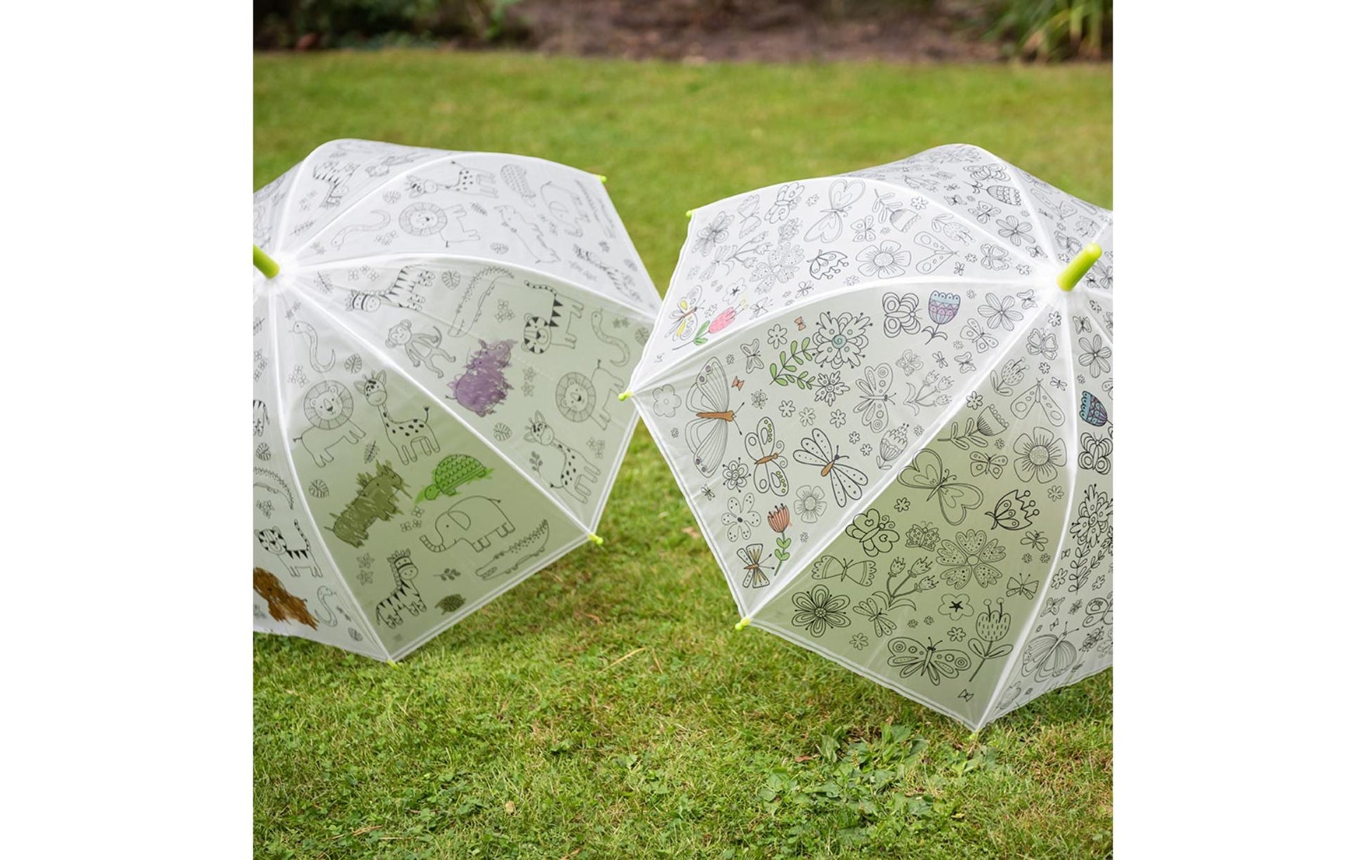 Esschert Design Kinderregenschirm – weiss/grün – Bastelset zum Ausmalen, mit Markern – EVA