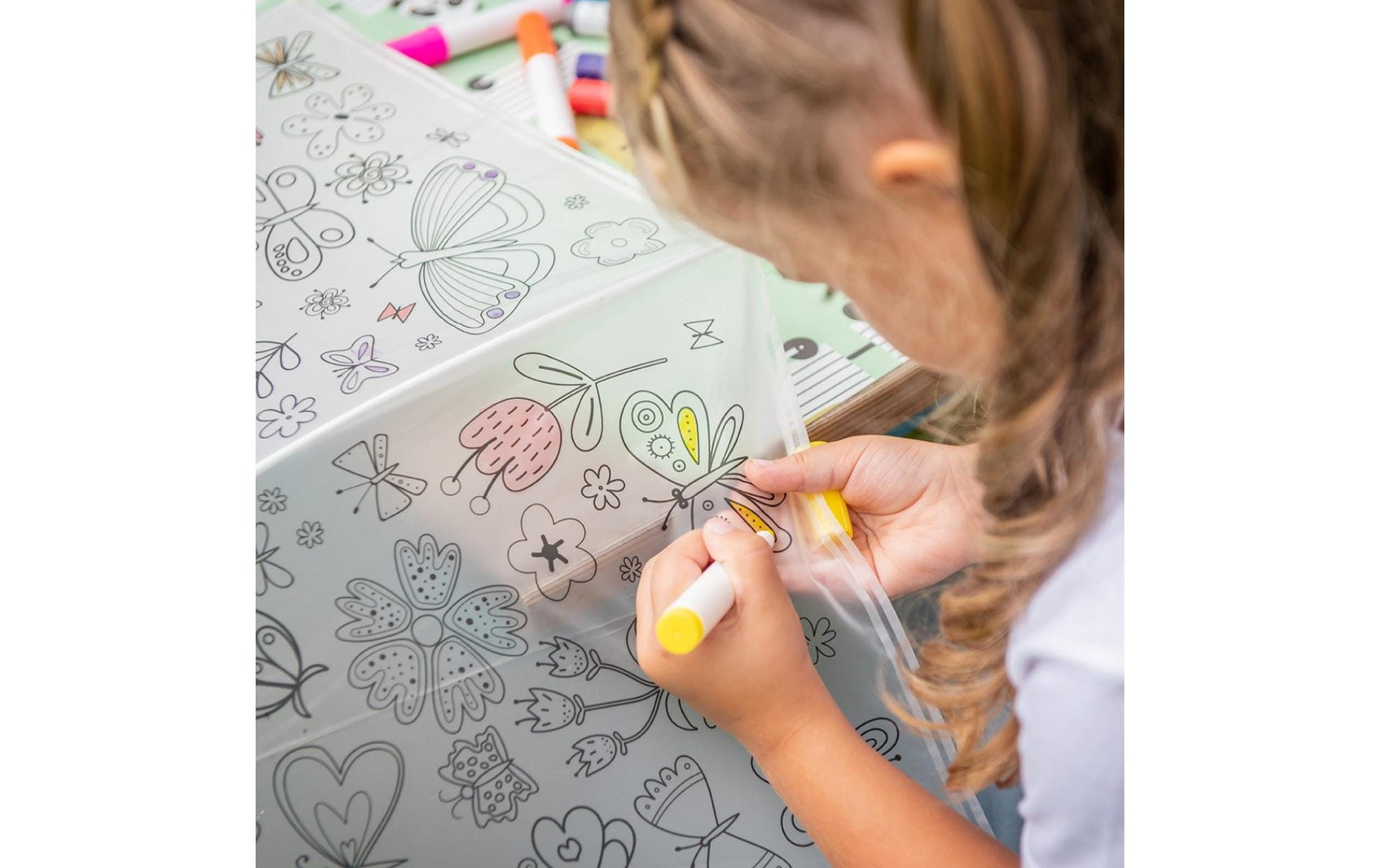 Esschert Design Kinderregenschirm – weiss/grün – Bastelset zum Ausmalen, mit Markern – EVA