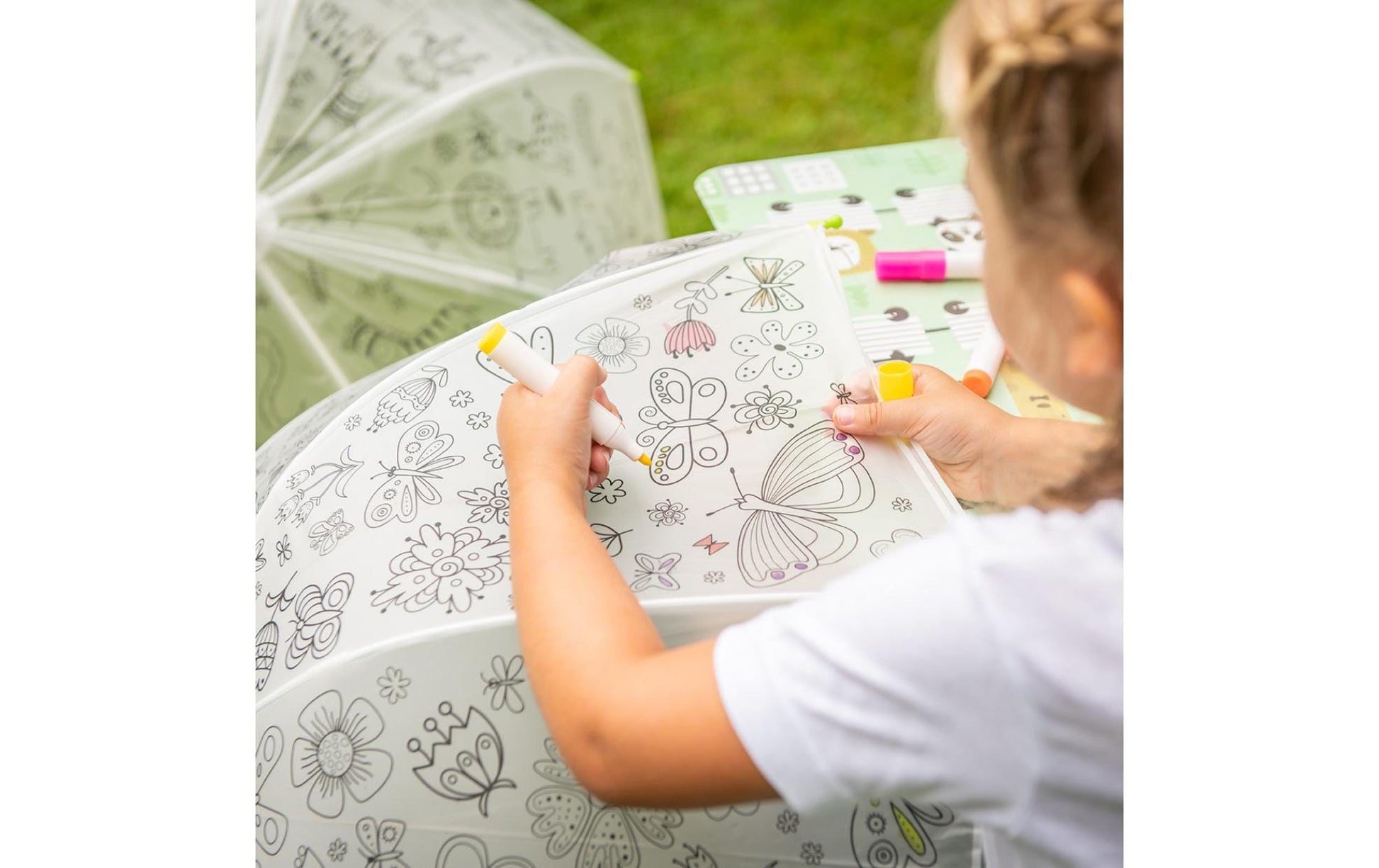 Esschert Design Kinderregenschirm – weiss/grün – Bastelset zum Ausmalen, mit Markern – EVA