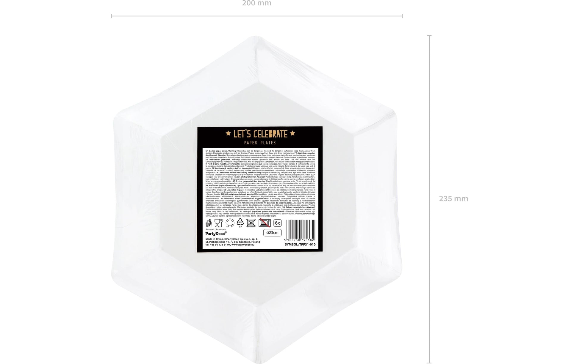 PartyDeco Lets Celebrate Teller, Papier/Karton, Sechseck – Ø 23 cm, Schwarz/Gold – 6 Stk.