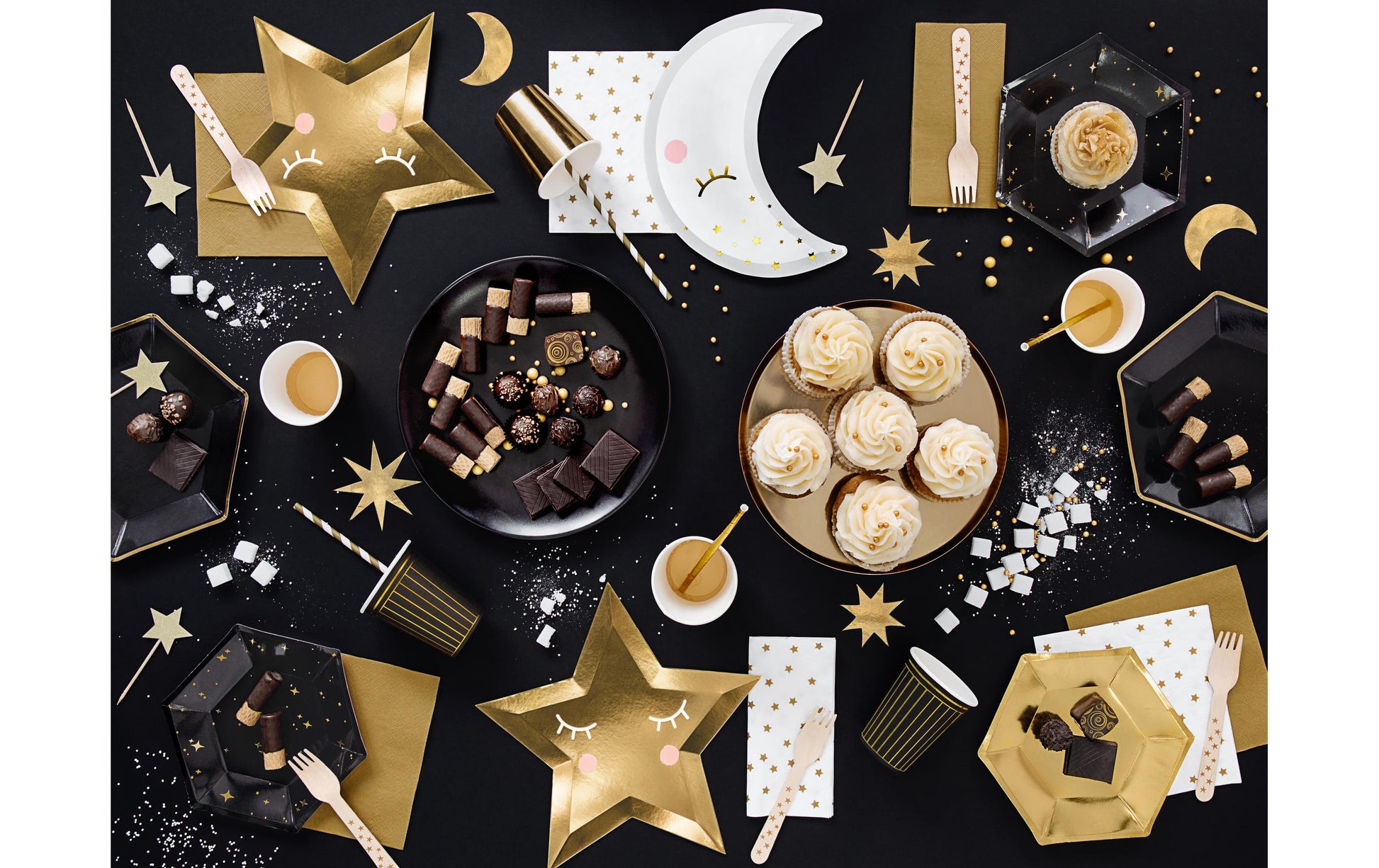 PartyDeco Lets Celebrate Teller, Papier/Karton, Sechseck – Ø 23 cm, Schwarz/Gold – 6 Stk.