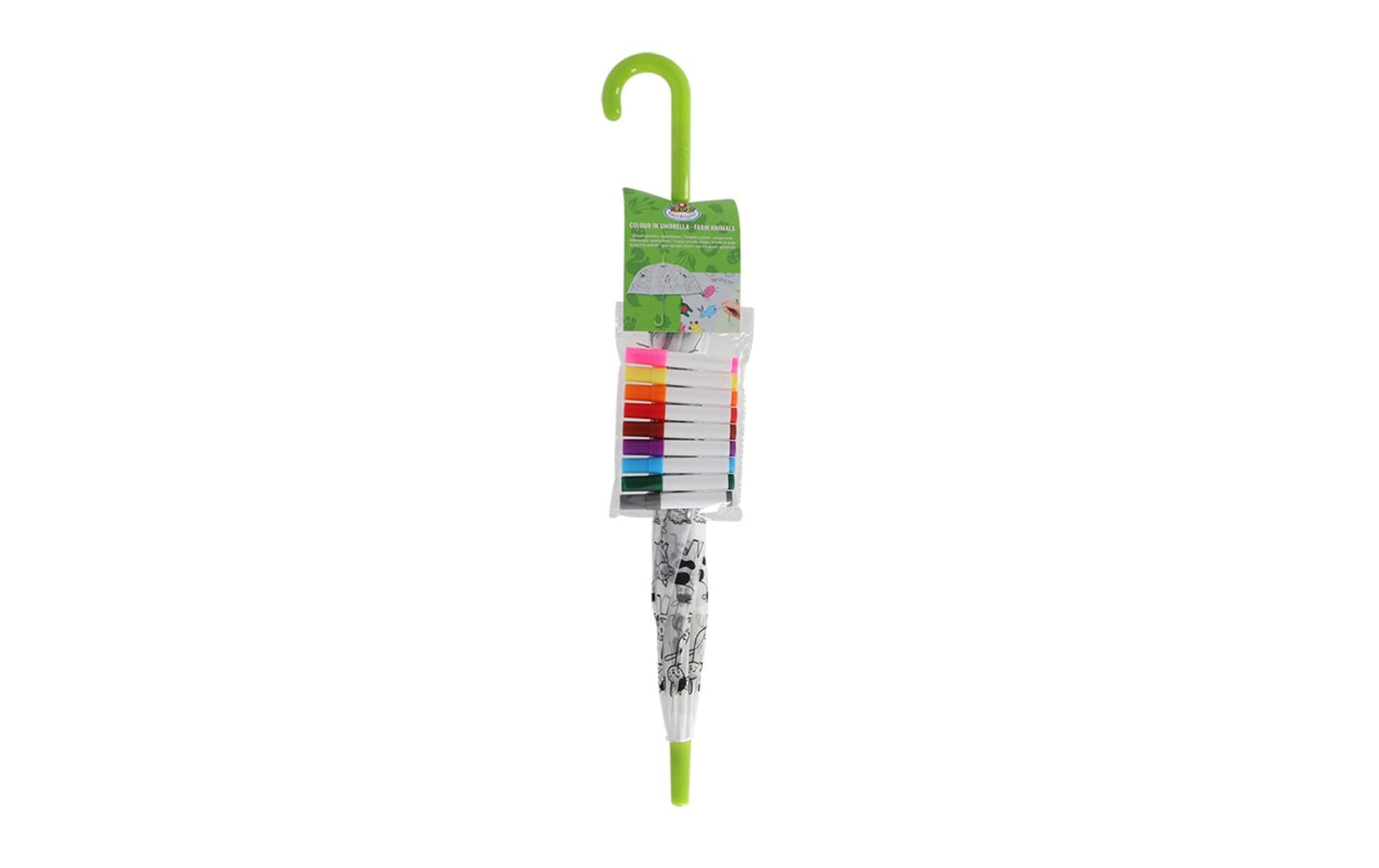 Esschert Design Kinderregenschirm KG280 – Ø 70,5 cm – Weiss Bauernhof – zum Ausmalen, mit Markern