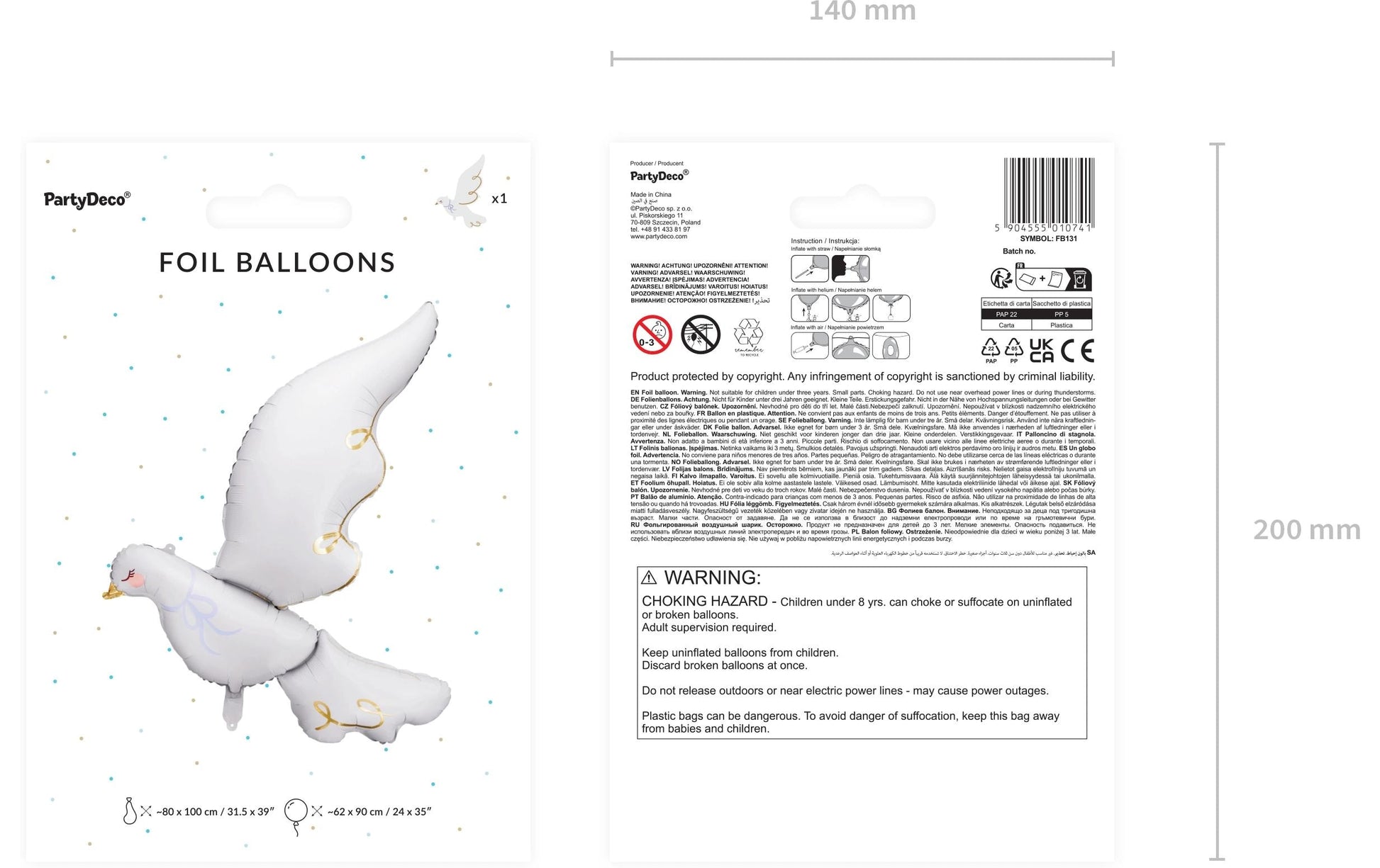 PartyDeco Folienballon Taube – Weiss – 80 × 100 cm – 1 Stk