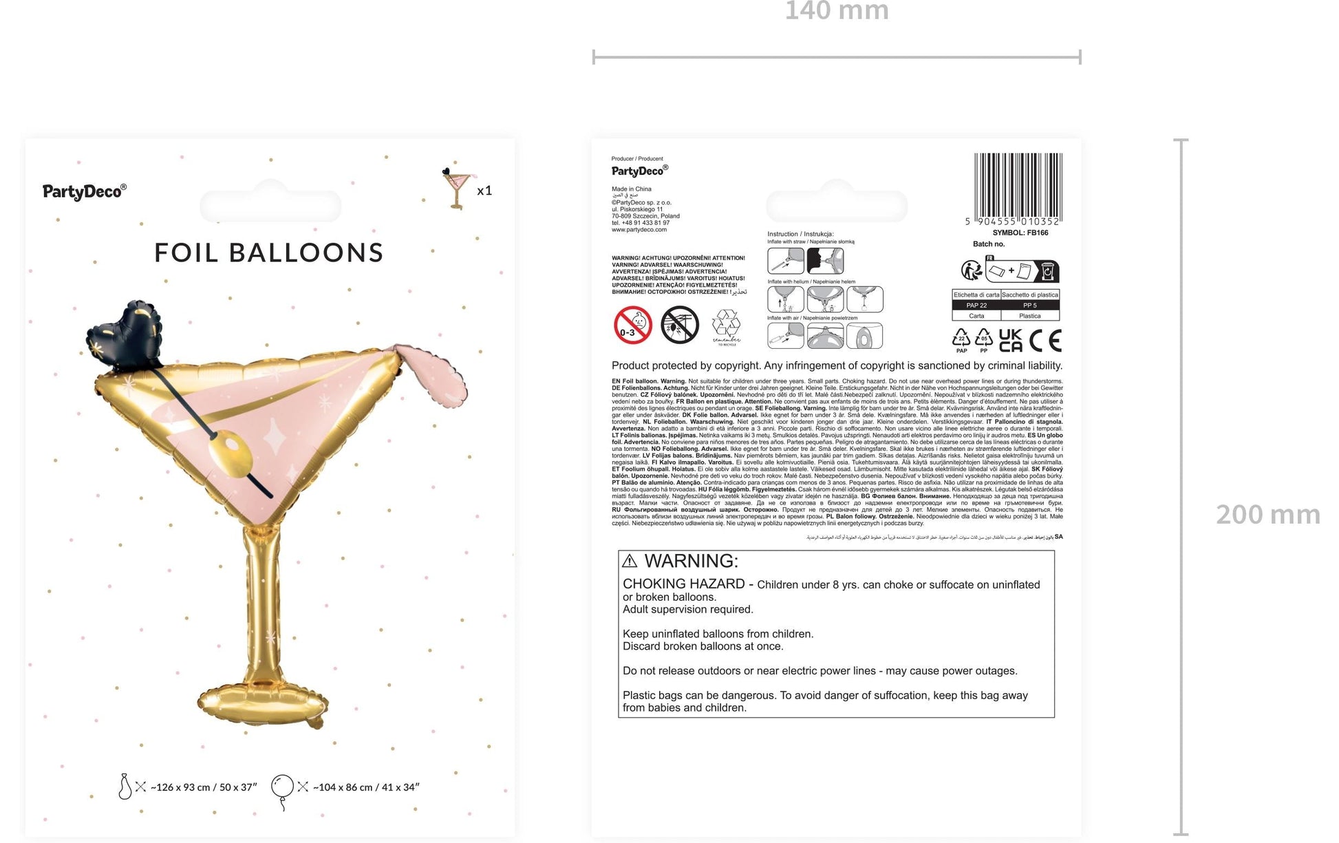 PartyDeco Folienballon Glas – 126 × 93 cm – Folie, Gold