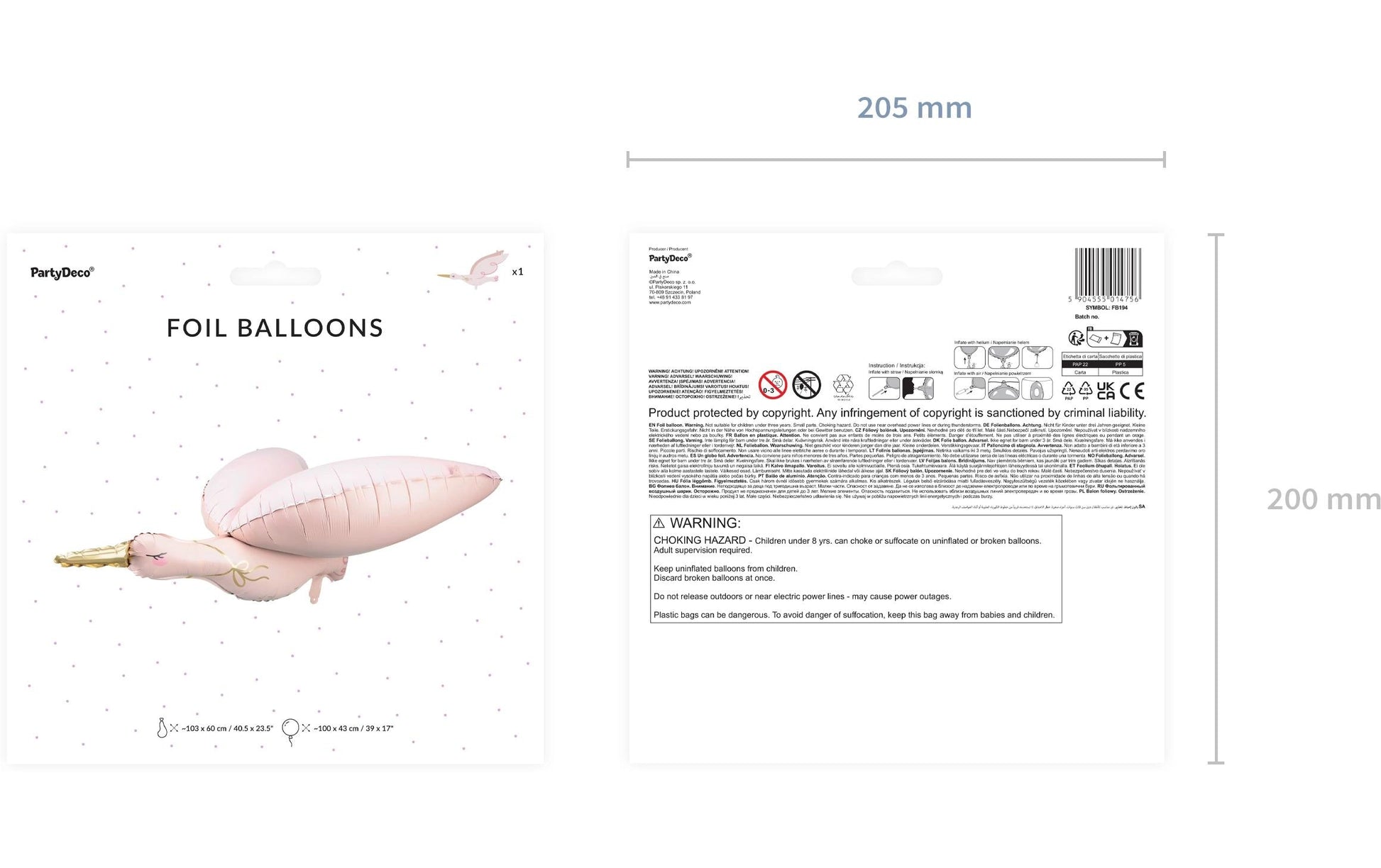 PartyDeco Folienballon Storch – Hellrosa – 103 × 60 cm – Folie – 1 Stk