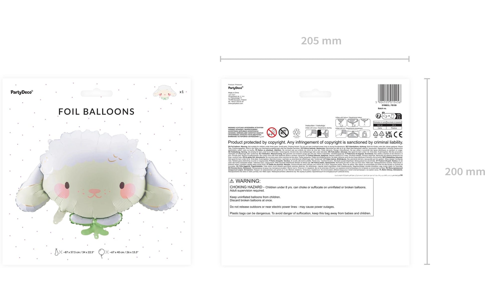 PartyDeco Folienballon Schaf – Mehrfarbig – 87 × 57,5 cm – Folie – 1 Stk