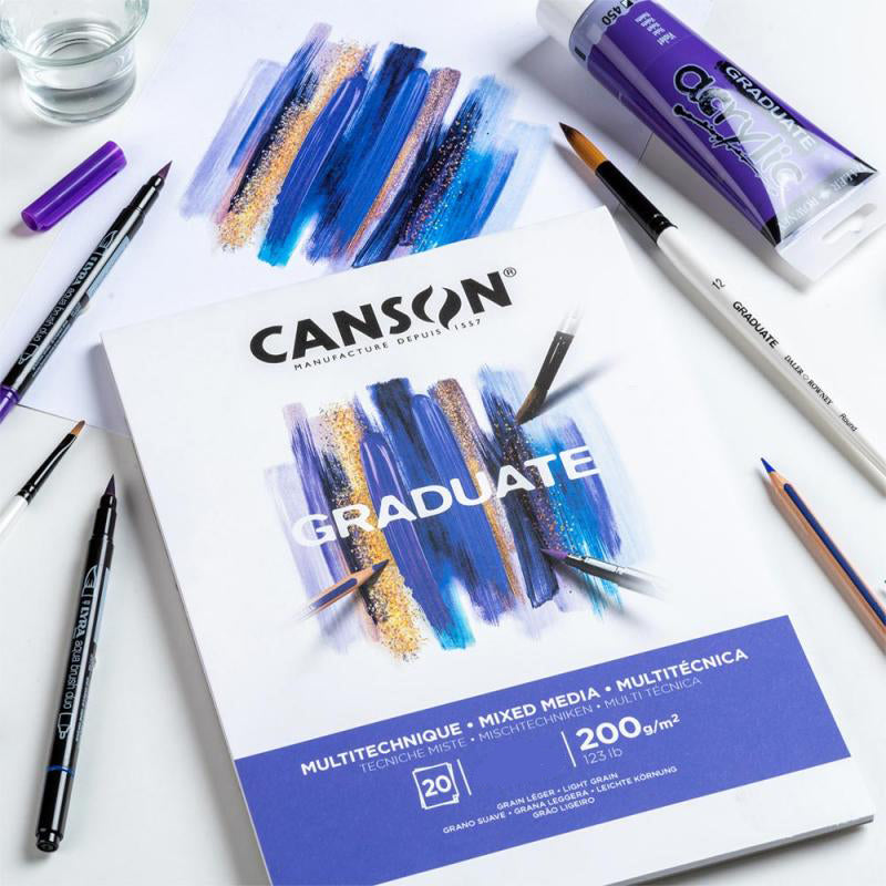 Canson Graduate Mixed Media Block – A3 – 200 g/m² – kurzseitig geleimt – 20 Blatt, weiss, strukturiert
