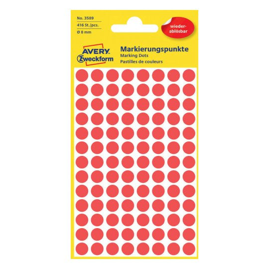 Avery Zweckform Haftetiketten – rund Ø 8 mm, wiederablösbar, rot, 4 Blatt (416 Stk.)