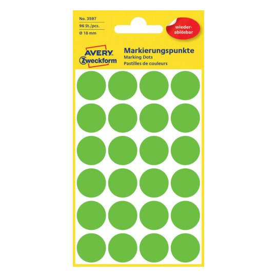 AVERY Zweckform Farbpunkte – Ø 18 mm, wiederablösbar, grün, 4 Blatt (96 Stk.)