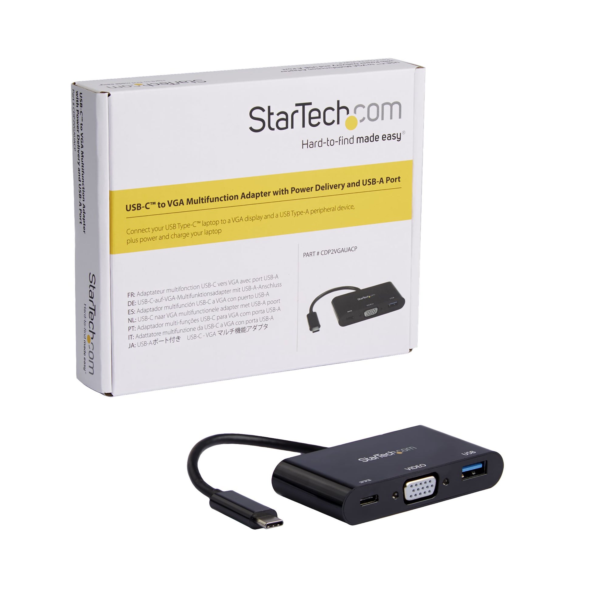 StarTech.com USB-C Adapter zu VGA – 2048 × 1280, 1× USB-A, PD 60 W, USB 3.2 Gen 1 (5 Gbit/s), 14 cm, Schwarz