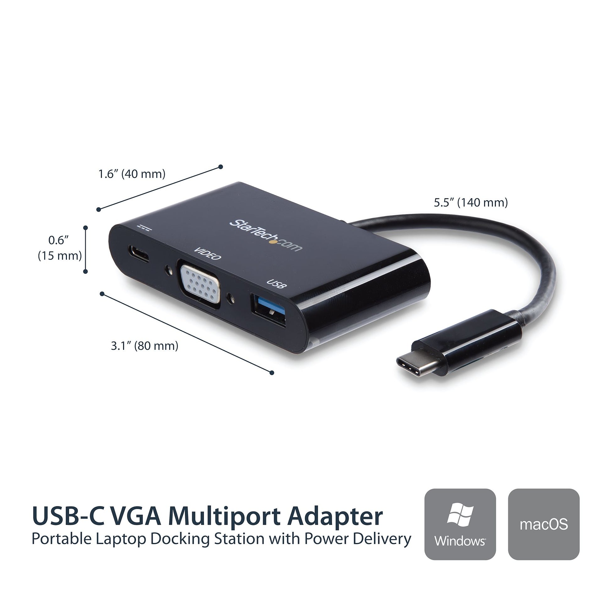 StarTech.com USB-C Adapter zu VGA – 2048 × 1280, 1× USB-A, PD 60 W, USB 3.2 Gen 1 (5 Gbit/s), 14 cm, Schwarz
