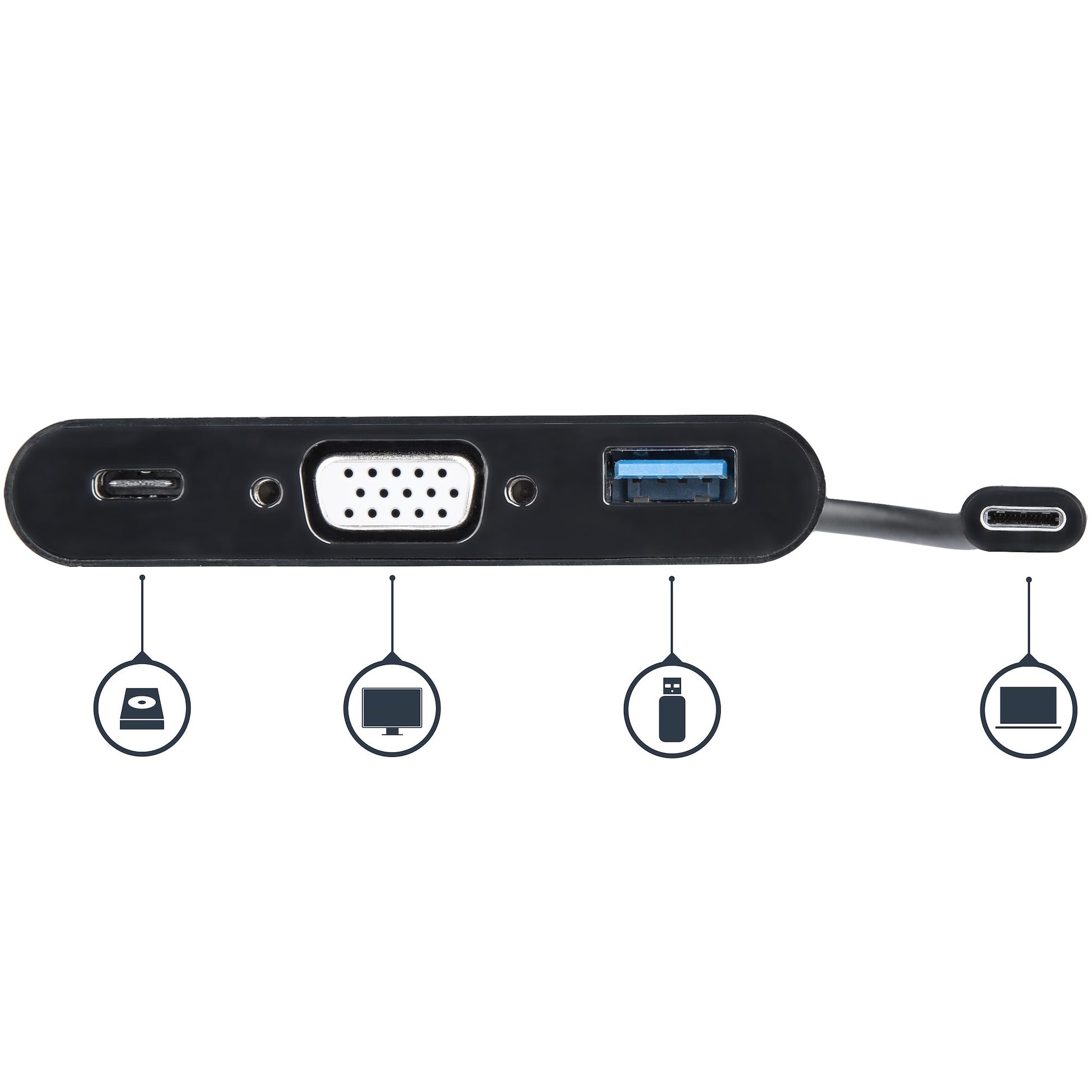 StarTech.com USB-C Adapter zu VGA – 2048 × 1280, 1× USB-A, PD 60 W, USB 3.2 Gen 1 (5 Gbit/s), 14 cm, Schwarz