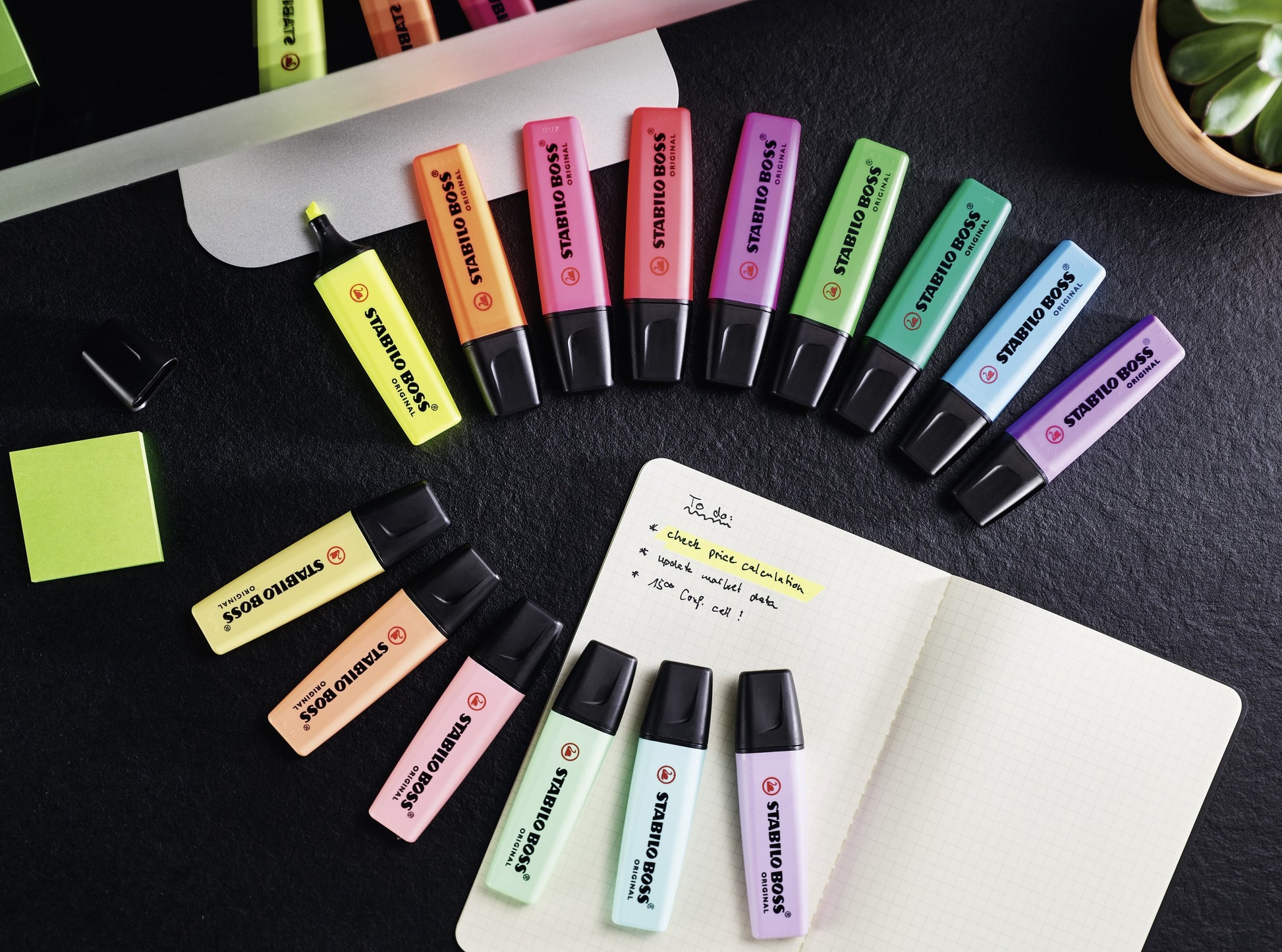 STABILO BOSS Original Textmarker Desktop Set 15 Farben Pastell – Keilspitze, 2–5 mm