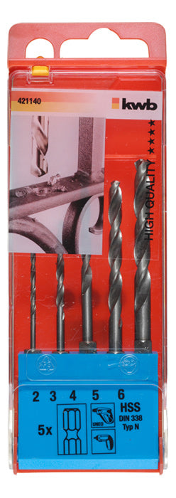 kwb Spiralbohrer-Set 2–6 mm HSS 1/4" Sechskantschaft – für Metall – 5-teilig