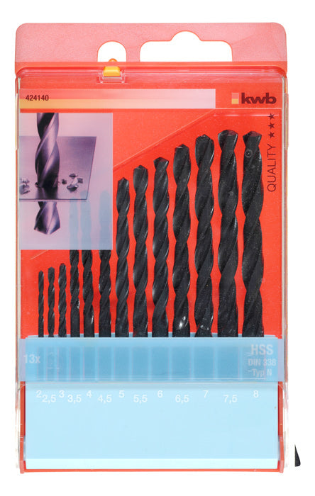 kwb Spiralbohrer-Set 2–8 mm HSS Zylinderschaft – 13-tlg. – für Metall, Kunststoff