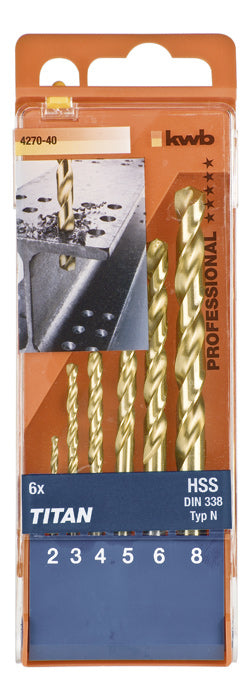 kwb Spiralbohrer-Set 2–8 mm HSS TiN Zylinderschaft – für Metall – 6-tlg. – präzisionsgeschliffen
