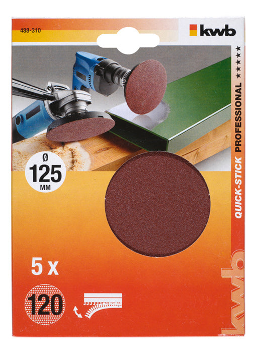 kwb Schleifscheibe 125 mm Kunststoff – für Metall, Holz, Kunststoff, Stein – 5 Stk – Klett, ungelocht, P40
