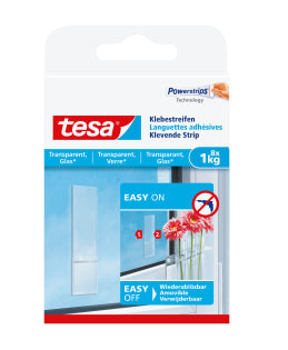 TESA Montagestreifen – transparent, bis 1 kg, 8 Stk., für Glas/Kunststoff, Innen