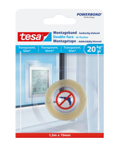 TESA Montageband – 19 mm × 1,5 m, transparent, bis 200 kg/10 cm, für Glas/Kunststoff, Innen & Aussen