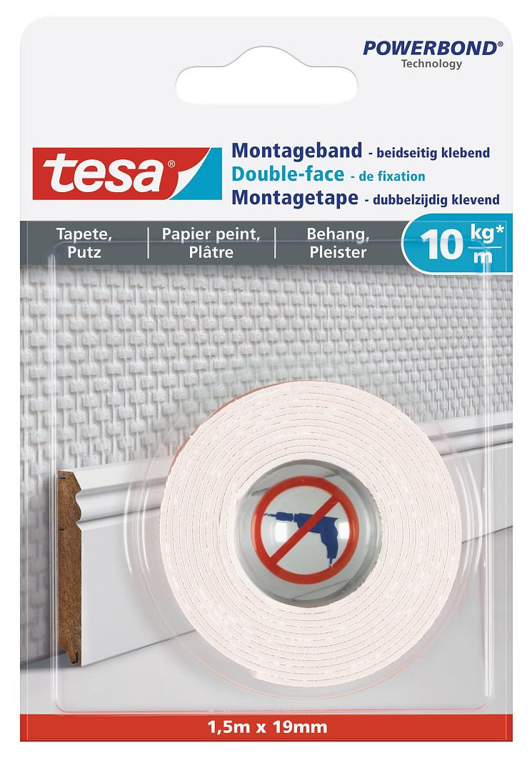 TESA Montageband – 19 mm × 1,5 m, Weiss, für Innen & Aussen