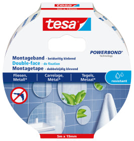 TESA Montageband feuchtraumbeständig – 19 mm × 5 m, weiss, für Metall/Keramik, Innen