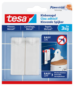 TESA Haken - weiss - selbstklebend - 3 kg - für Fliesen & Metall - 2 Stück
