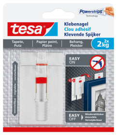 TESA Haken – rot/weiss – 2 kg – selbstklebend, höhenverstellbar – für Putz – 2 Stück