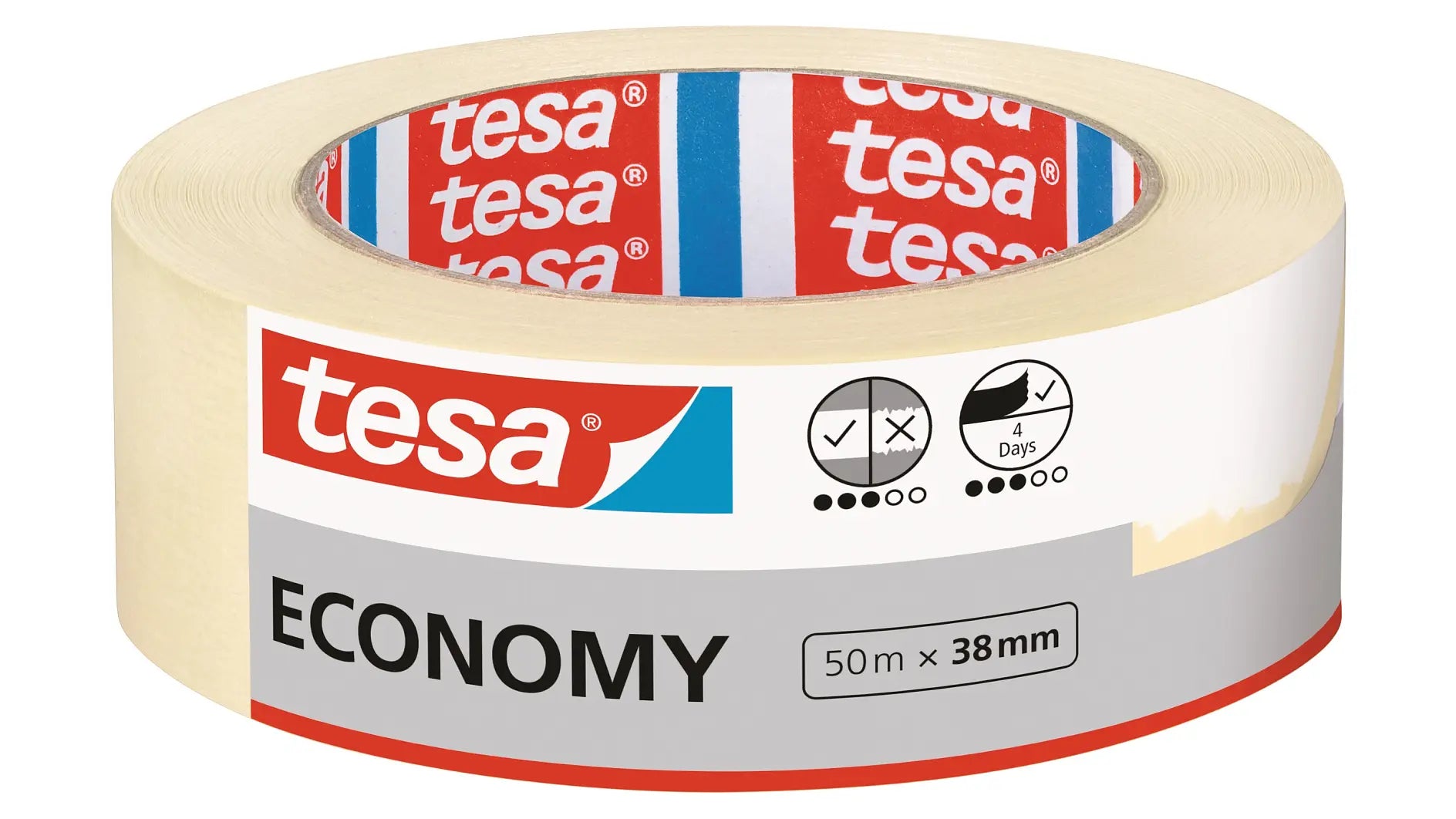 tesa Abdeckband – 38 mm × 50 m, beige, für den Innenbereich, Naturkautschuk, rückstandsfrei bis 4 Tage