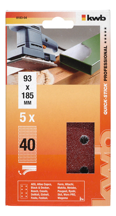 kwb Sandpapier – Klstr.Korund Gelocht 93 × 180 K 40, 5 Stück