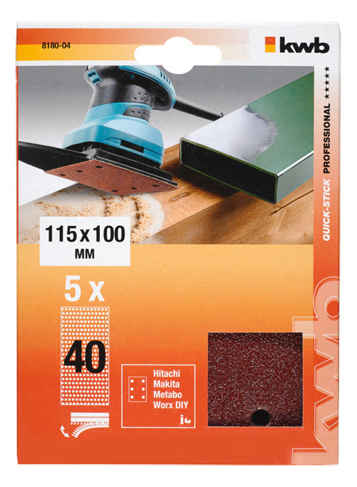 kwb Sandpapier – Körnung 40, 115 × 100 mm, gelocht, 5 Stück