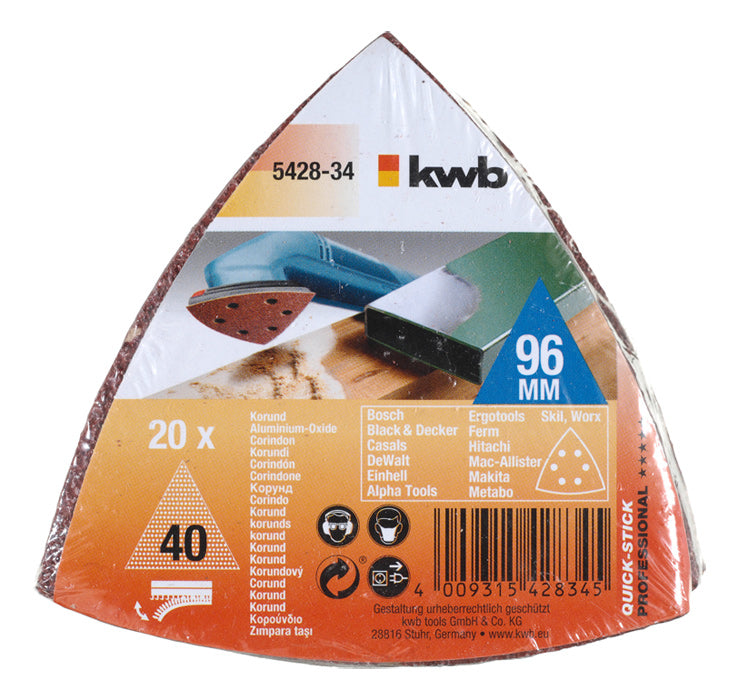 kwb Profi-Pack Delta-Schleifpad 96 mm Körnung 40 – 20 Stk – für Holz, Metall, Mauerwerk & Beton u. a.
