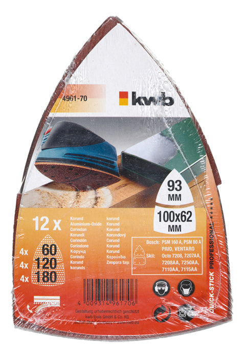 kwb Schleifpapier 100 × 93 mm – P60/120/180 – für Kunststoff, Holz, Metall – 12 Stk
