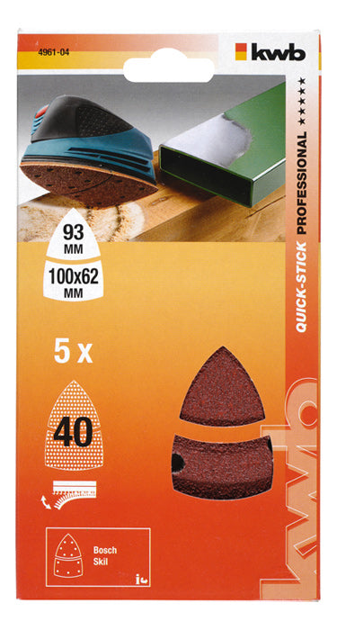 kwb Klett-Haftscheiben 100 × 62 mm K40 – für Füllmaterial, Metall, Farbe, Holz – 5 Stk – für Delta-Schleifer
