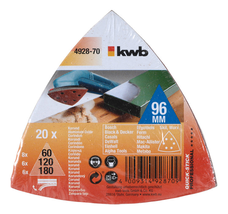 kwb Delta-Schleifblätter – für Holz, Metall, Stein usw. – 20 Stk – 8 × 60 / 6 × 120 / 6 × 180