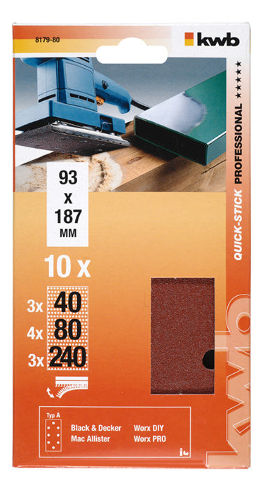 kwb Sandpapier – Korund, 18,5 × 9,3 cm, 10 Stück
