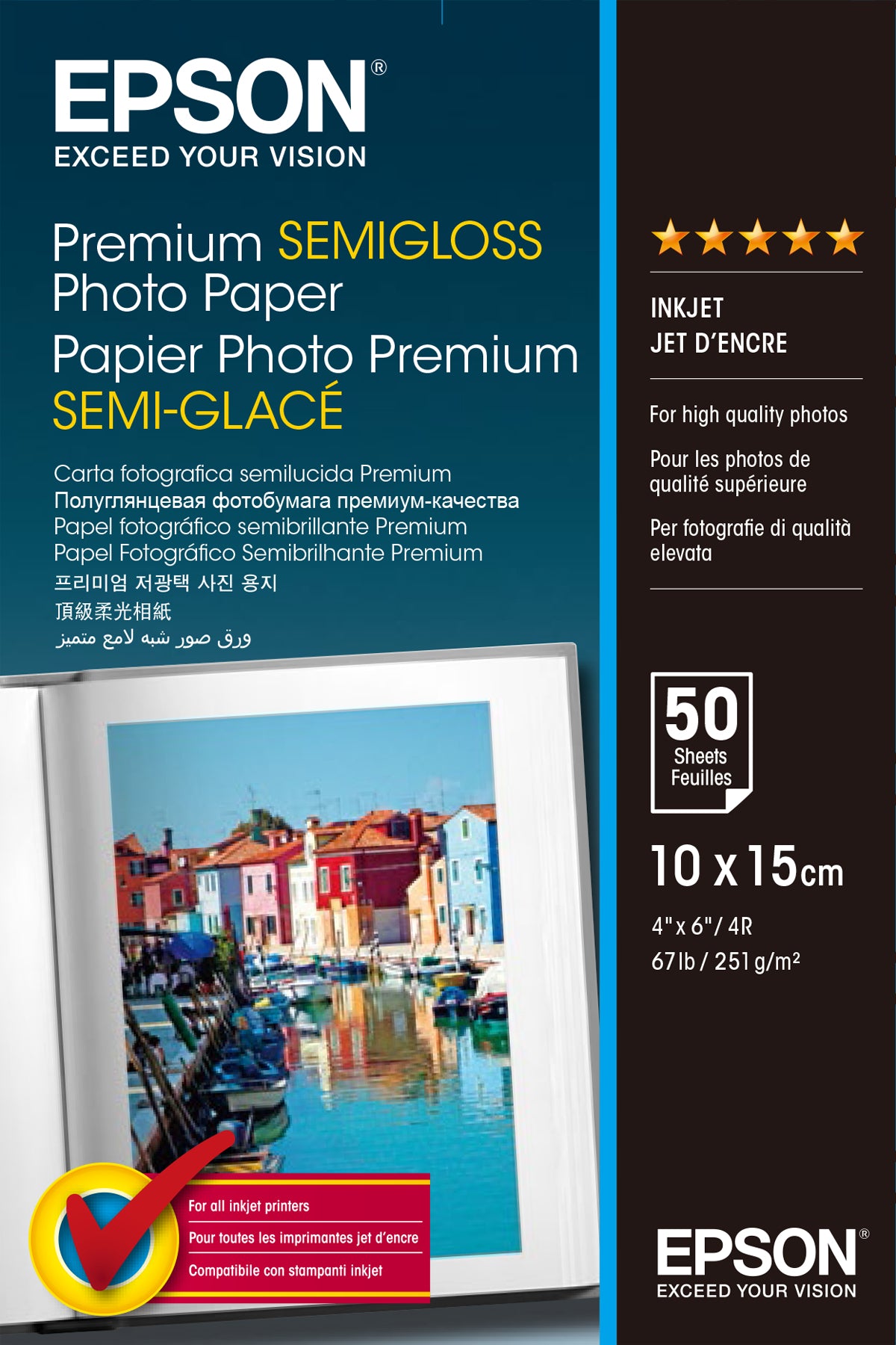 Epson Premium Semi-Gloss Fotopapier – seidenglänzend, 10 × 15 cm, 251 g/m², 50 Blatt, für Inkjet
