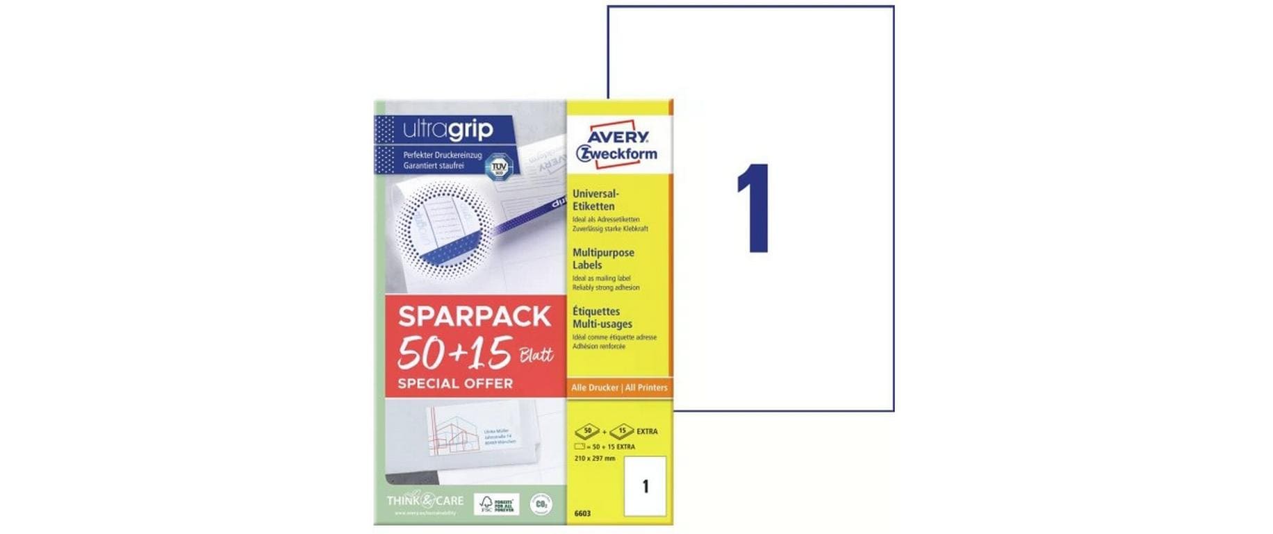 Avery Druckeretiketten, 210 mm × 297 mm, weiss, Papier, permanent, 65 Blatt