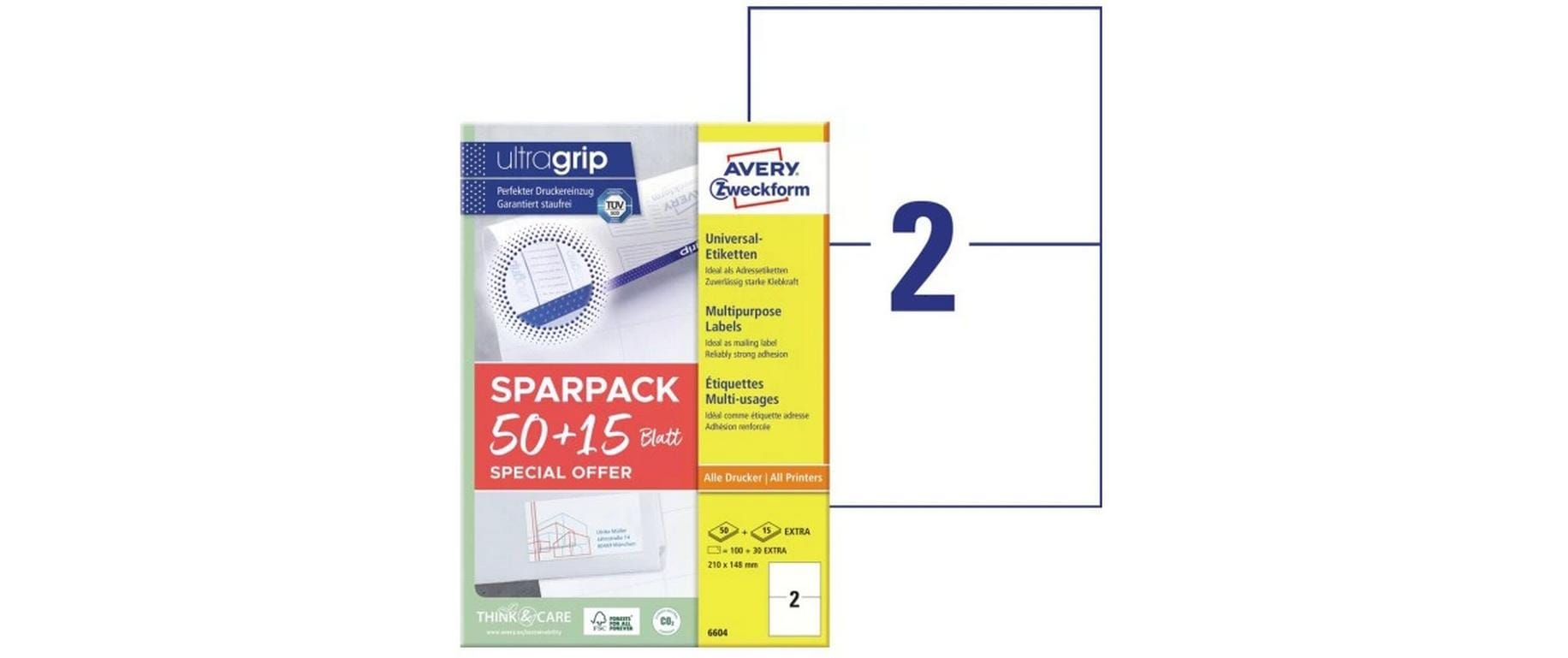 Avery Druckeretiketten, 210 mm × 148 mm, weiss, Papier, permanent, 65 Blätter