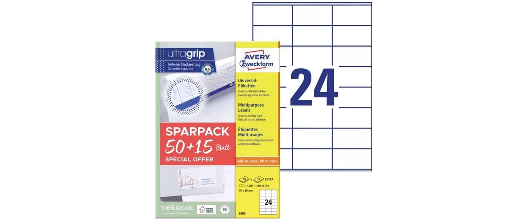 Avery Druckeretiketten, 70 mm × 36 mm, weiss, Papier, permanent, 65 Blatt (1560 Etiketten)