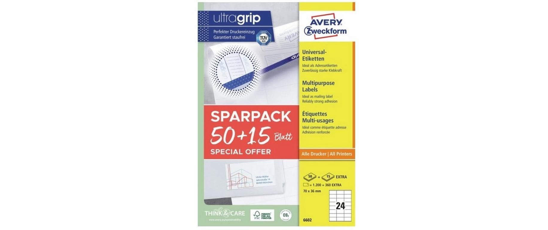 Avery Druckeretiketten, 70 mm × 36 mm, weiss, Papier, permanent, 65 Blatt (1560 Etiketten)