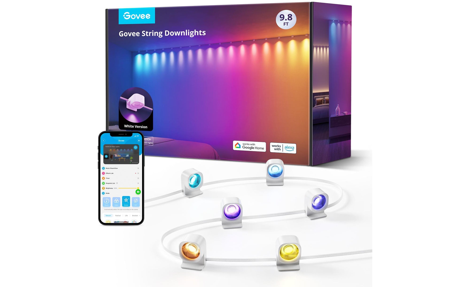 Govee LED-Lichterkette RGBIC 3 m, 15 LEDs – Bluetooth (Govee Home App) – mehrfarbig – 36 W – weiss