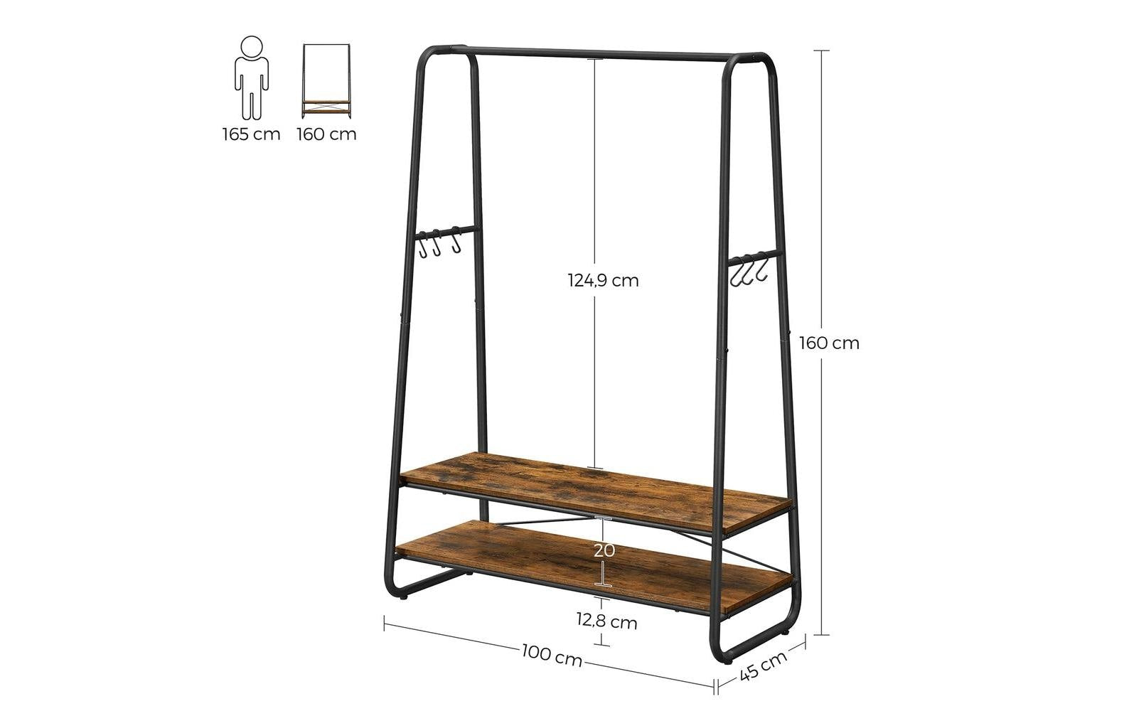Vasagle Garderobenständer – 6 Haken, Stahl/Spanplatte, Schwarz/Braun, 100 × 45 × 160 cm