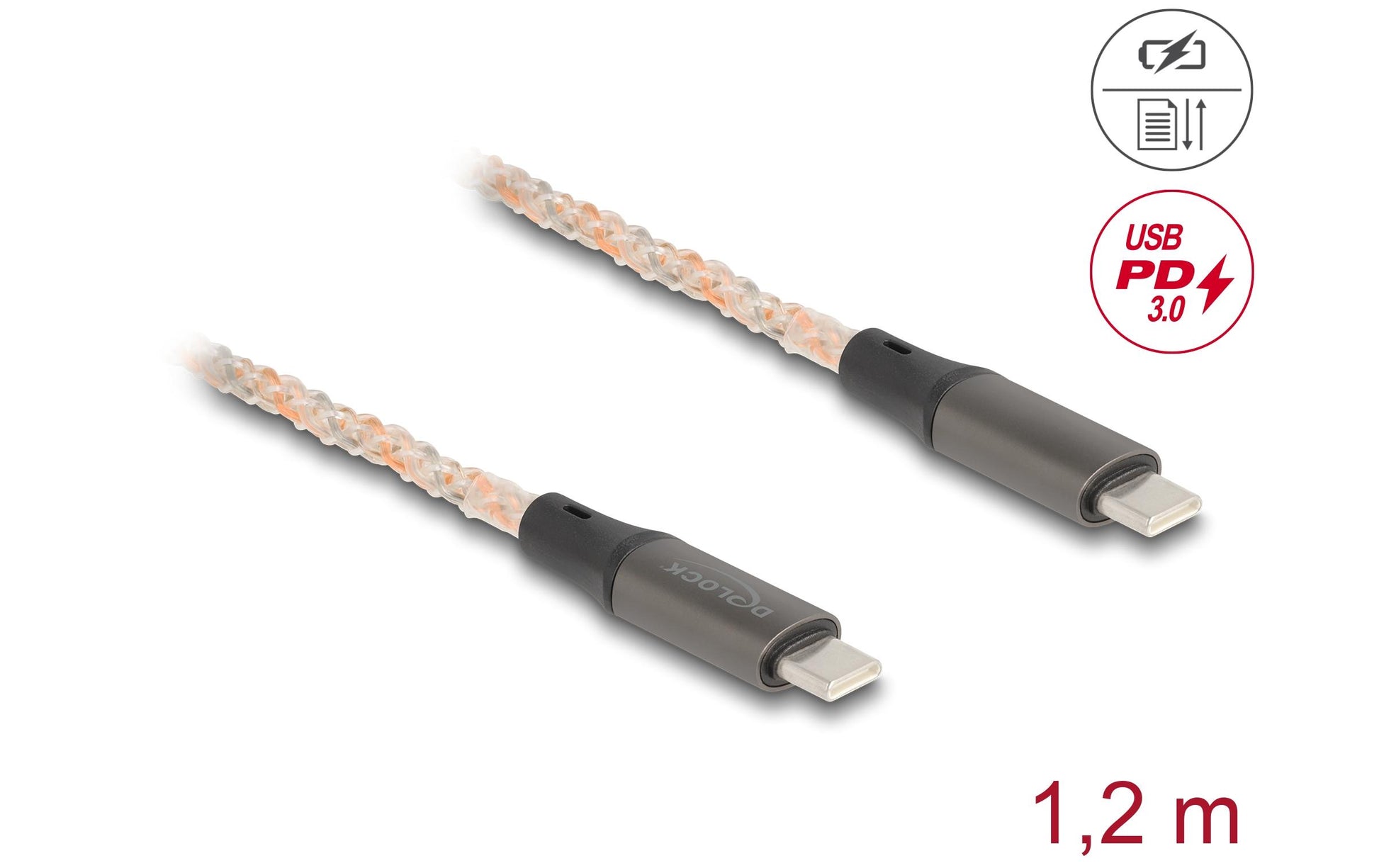 DeLOCK USB-C auf USB-C Kabel – USB 2.0 (480 Mbit/s) – 1,2 m – PD 100 W – RGB-Beleuchtung – Transparent