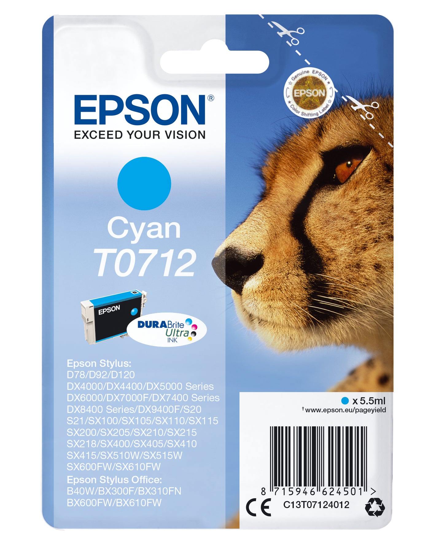 Epson Tintenpatrone T0712, cyan, 345 Seiten – für Inkjetdrucker/Multifunktionsgeräte