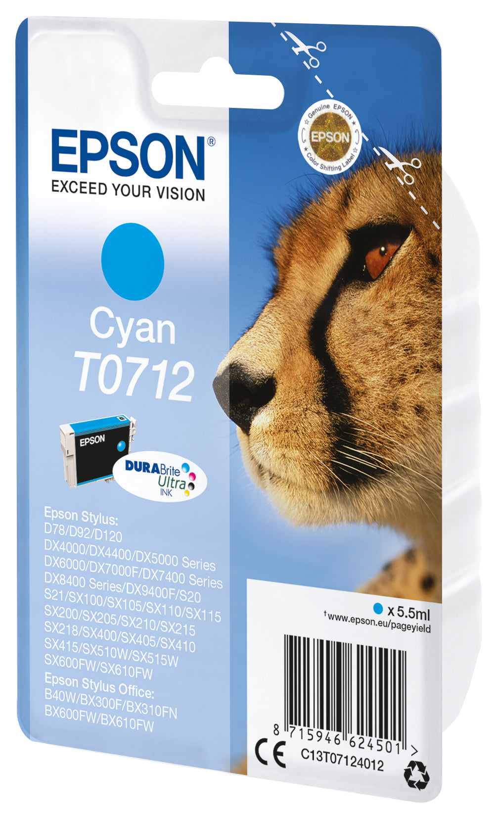 Epson Tintenpatrone T0712, cyan, 345 Seiten – für Inkjetdrucker/Multifunktionsgeräte