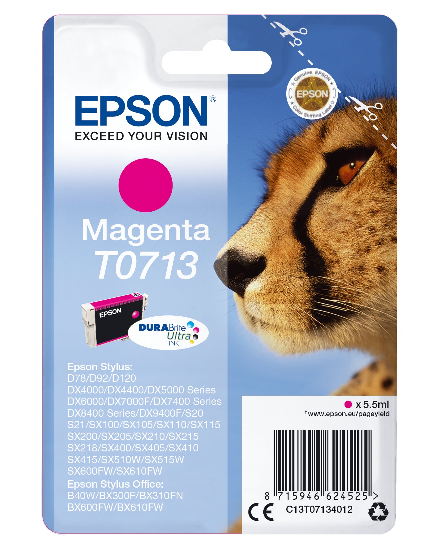 Epson T0713 Magenta Tintenpatrone (Original) – 5,5 ml – für BX300F/BX310FN/SX100 …