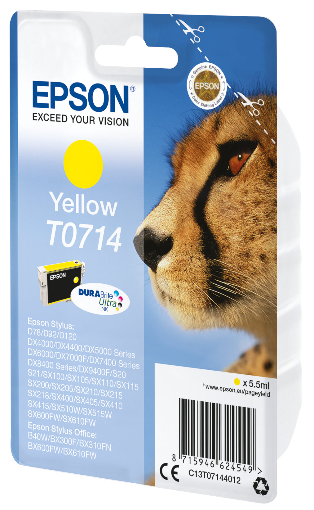 Epson T0714 Gelbe Tintenpatrone (Original) – 480 Seiten – für Epson Stylus CX4300, Stylus D120, Stylus DX4000
